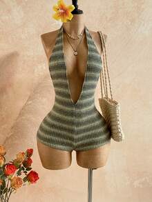 Soleia Women's Vacation Sequin Shiny Leopard Print Knit Textured Deep V Backless Sexy Bodysuit, Fashionable Fitted Romper For Party, Date, Afternoon Tea, Boho Beach Summer Outfit - Multicolor - View 4