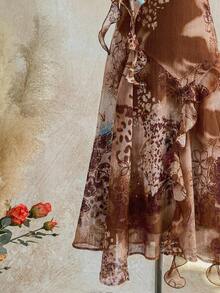 Soleia Đầm satin chiffon họa tiết động vật phong cách retro bohemian WYWH Vacation, họa tiết sứa, nhuộm tie-dye, viền bèo nhún, hoa 3D. - Cà phê nâu - Xem 5