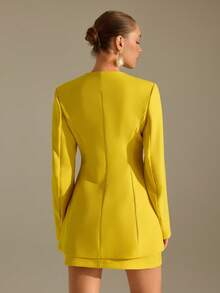 CLARA VERO Women's Round Neck Long Sleeve Waist Cinched Front Button Blazer & Skirt Suit Set - Yellow - View 7