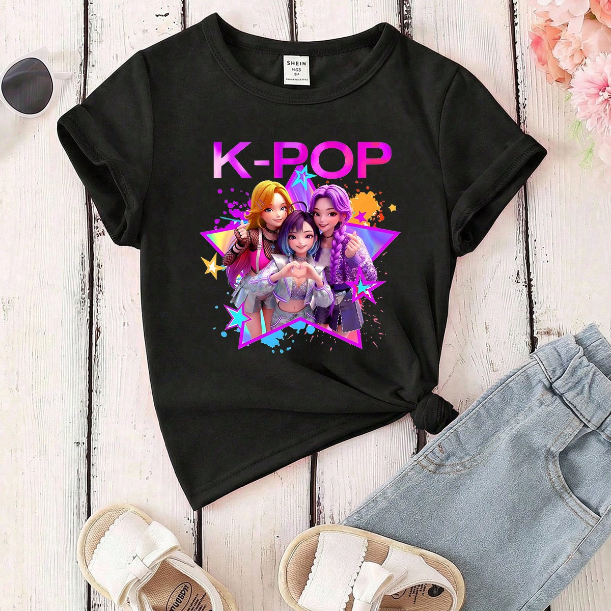 Camiseta casual versátil de manga corta y cuello redondo con estampado gráfico de Kpop girl