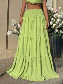 MainGRL Women's Solid Color Textured Fabric High Waist Tiered Hem Skirt, Suitable For Spring, Summer And Autumn Beach/Holiday, Does Not Include Belt - Green - View 3