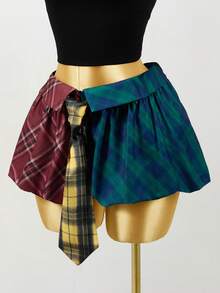 Mistrie Minifalda de mujer con decoración de corbata en patchwork de cuadros multicolor - Multicolor - Ver 5