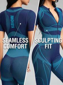 Innovista Seamless Women Blue Textured Sport Jumpsuit Removable Cups Asymmetric Back Straps Mesh Ventilation For Outdoor Yoga Indoor Cycling Boxing Running Commute Peloton Australian Open Fitness Glow Up January Gym Motivation Valentine Essentials Active Lifestyle Wear Gym Women Sets Sports Women Sets Seamless Overall - Blue - View 8