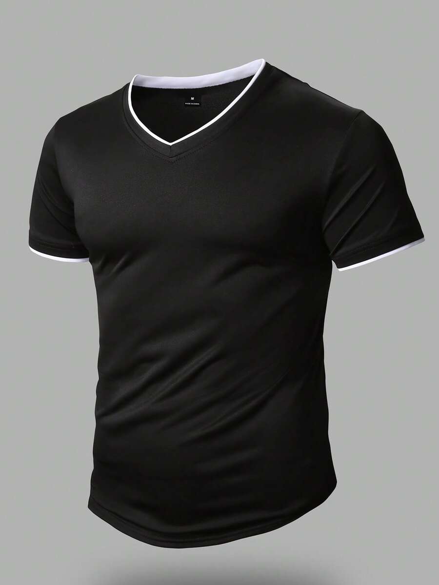 Manfinity Homme Men's V-Neck Casual Versatile Daily Wear Short Sleeve T-Shirt Black V Neck T Shirt Men Fashion Tops Men's V Neck T Shirt Men's Casual T Shirt Short Sleeve T Shirt Men Old Money,Daily Leisure, Weekend Trips, Outdoor Activities, Travel Expeditions, Relaxed Work Environments Or Semi-Formal Occasions, Boyfriend/Husband Gift, Anniversary /Birthday Gift Party Summer Vacation Holiday,Wedding,Spring To Summer - Black - View 1