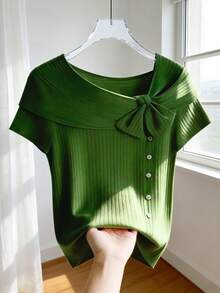 GlowEve 女式纯色蝴蝶结装饰短袖纽扣设计休闲T恤 - 綠色 - 查看 1
