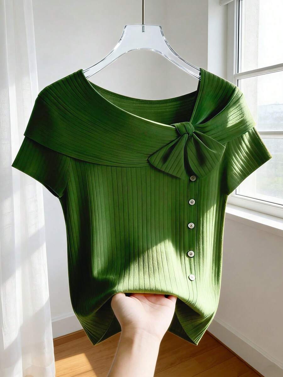GlowEve 女式纯色蝴蝶结装饰短袖纽扣设计休闲T恤 - 綠色 - 查看 1