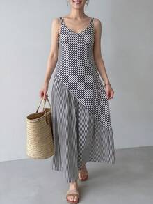 EMERY ROSE Women's Casual Striped Asymmetric Hem Dress, Summer - Black and White - View 1