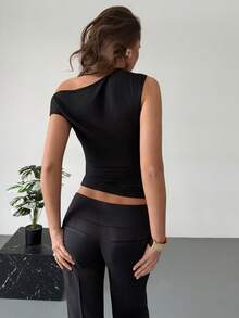 Aloruh Áo thun nữ mùa hè màu đen trơn, cổ tròn, ren, dáng ôm, kiểu dáng thanh lịch. - màu đen - Xem 2