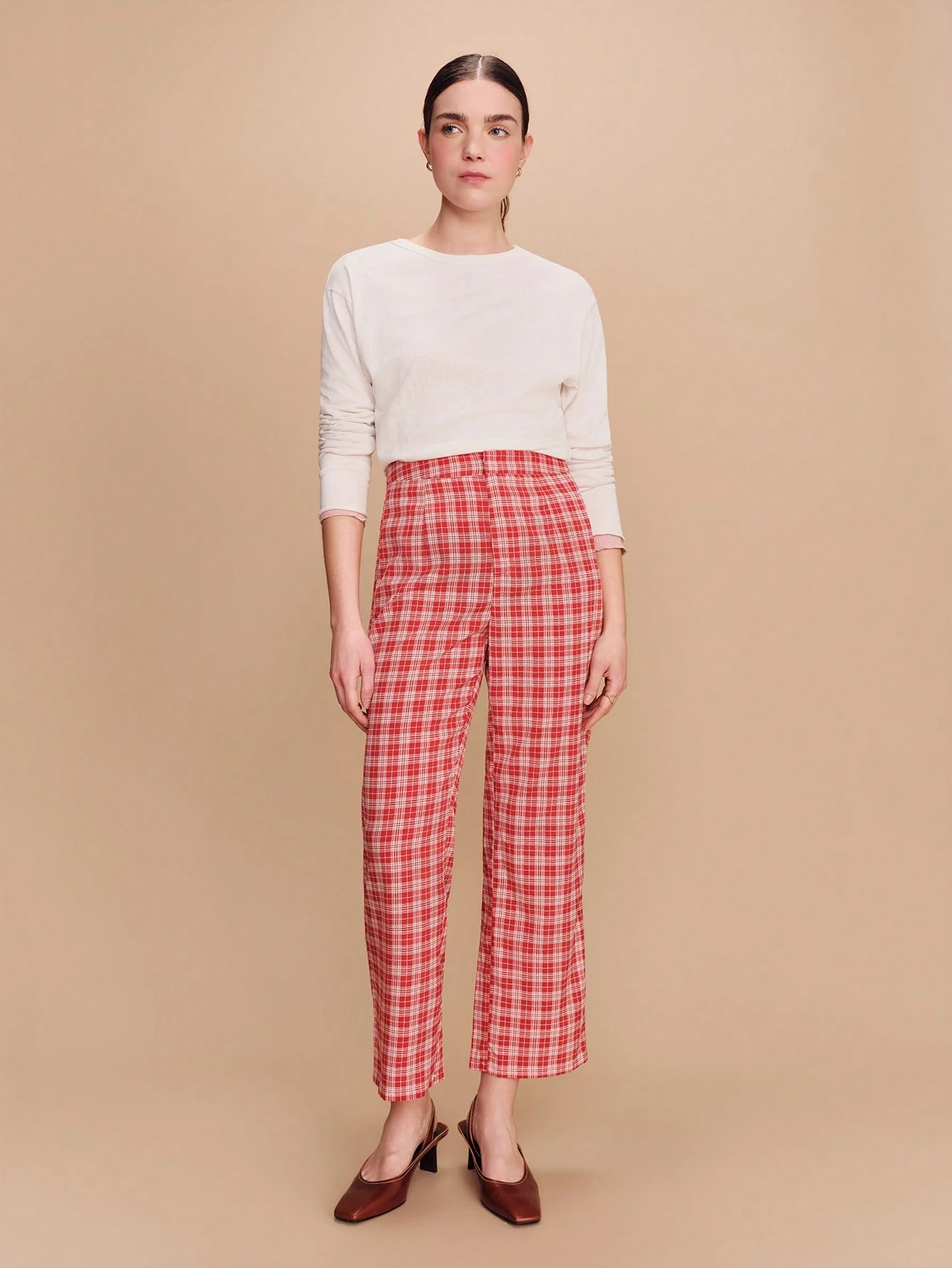 Spodnie z wysokim stanem i nadrukiem w czerwoną kratkę, w stylu vintage, urocze, na wiosnę i lato