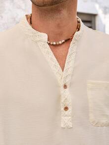 VENTUSAIL 男士纯色V领短袖休闲口袋衬衫 - 米色 - 查看 6