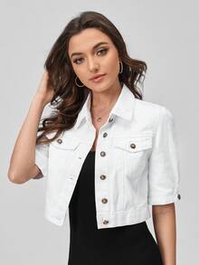 SHEIN CURVE+ Jaket Denim Pendek Lengan Pendek Kancing Tunggal Ukuran Plus - Putih - View 6
