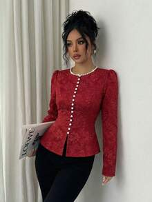 Elenzga 女士提花面料新款春秋法式独特时尚高端奢华优雅青春百搭精致白色衬衫，圆领珍珠装饰，前襟纽扣饰边，开衩下摆设计，适合20-35岁以上女性参加聚会、派对、日常通勤、毕业季等场合（随机印花） - 酒紅色 - 查看 5