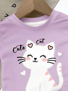 Baby Girl Cute Purple Holiday Summer Clothes,Cartoon Animal Cat Print Round Neck Short Sleeve Top And Pants 2pcs Snug Fit Homewear Set,Kids Fashion - Multicolor - View 5