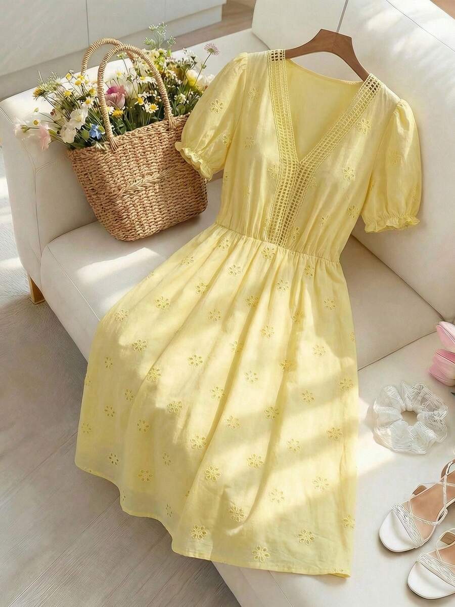 GlowEve Vestido elegante de manga abullonada con cuello en V y manga corta en color amarillo para mujer - Amarillo - Ver 1