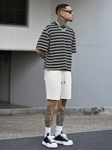 Devon Thys Camiseta casual de manga corta de cuello redondo con estampado de rayas para hombre, verano - Blanco y Negro - Ver 6