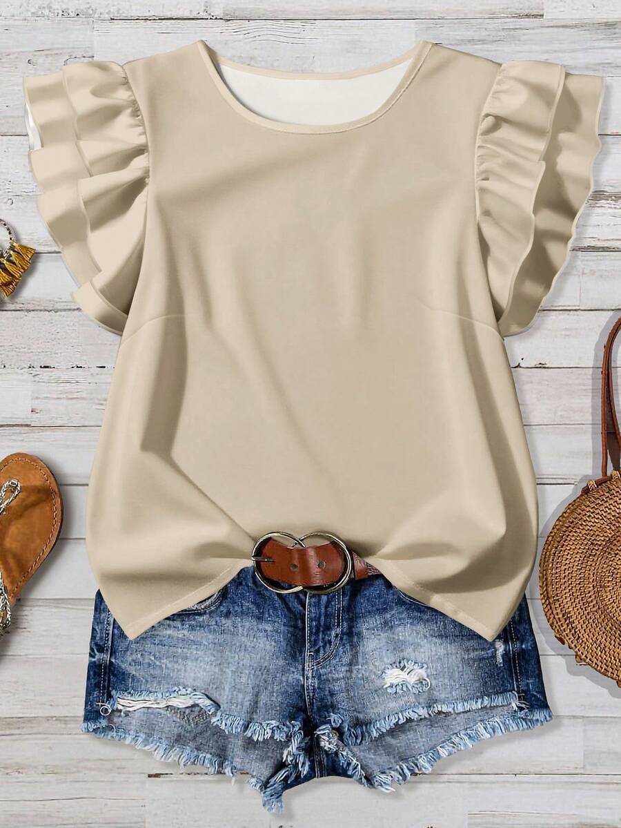 Rusticease Women's Casual Solid Color Cap Sleeve Round Neck Blouse,Summer Top - Khaki - View 1