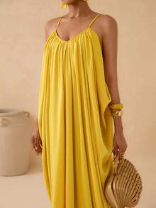 Vesra Spaghetti Strap Deep V-Neck Backless Pleated Draped Dress With Train, Sexy For Women - Yellow - View 6