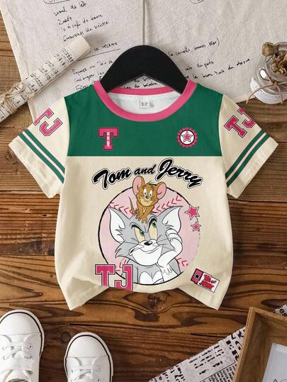 TOM & JERRY X SHEIN 女童休闲撞色卡通印花T恤，夏季