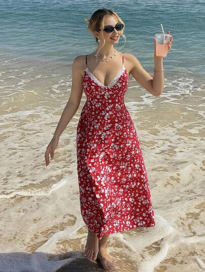 MainGRL Women's Casual Ditsy Floral Spaghetti Strap Mid-Length Dress