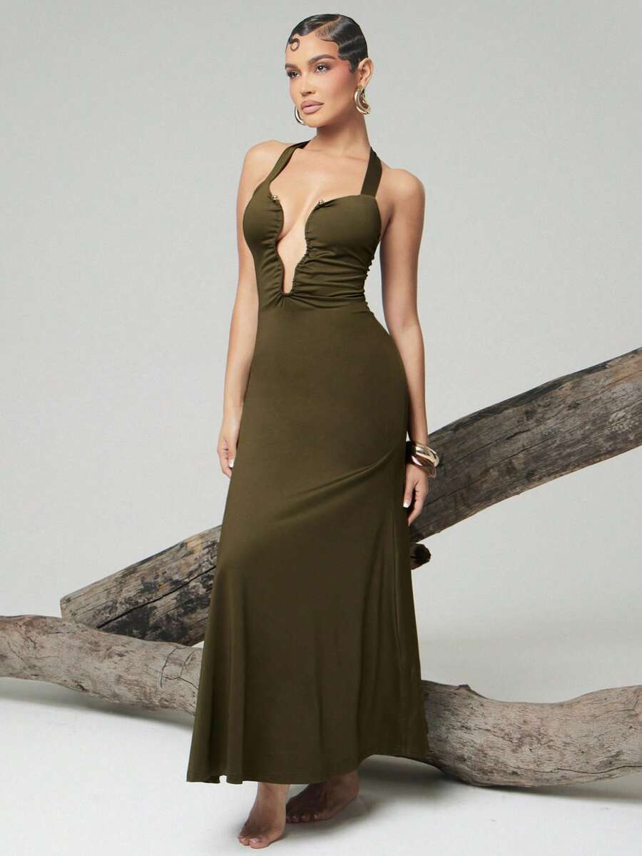 Hauture Đầm maxi cổ yếm khoét lỗ với khóa kim loại cong - xanh quân đội - Xem 1