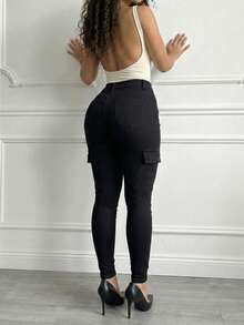 EMERY ROSE Women's Casual Fashion Street Snap Flap Pocket Skinny Cargo Jeans - Black - View 2