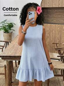 Vestido de muñeca casual de cuello redondo sin mangas con volantes en el bajo para niñas preadolescentes en primavera/verano, vestido de lino tejido a rayas para uso diario y viajes - Azul - Ver 4