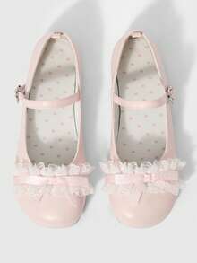 ROMWE Kawaii 棕色乐福鞋，闭趾玛丽珍皮鞋，蝴蝶结洛丽塔芭蕾平底鞋，女士圣诞节礼物 - 粉色蕾絲 - 查看 1