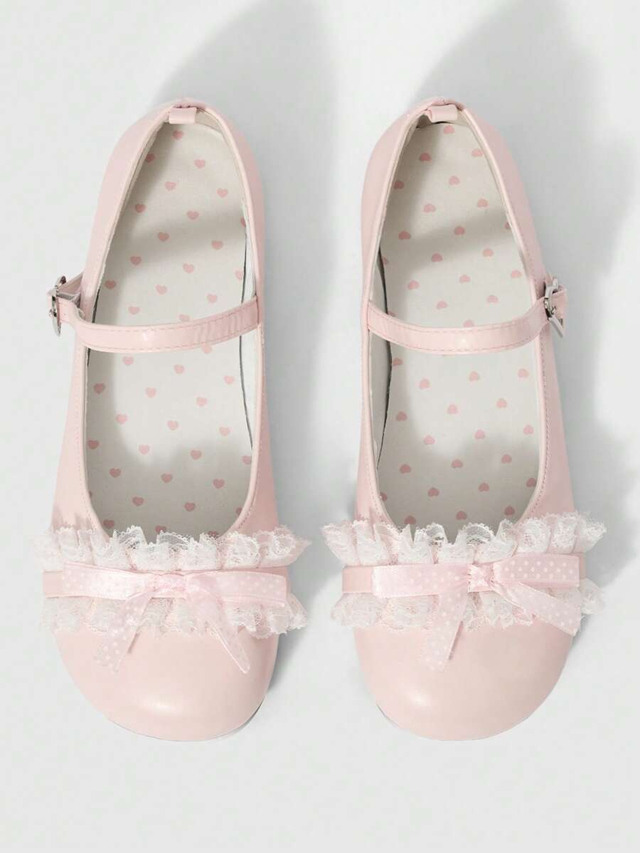 ROMWE Kawaii 棕色乐福鞋，闭趾玛丽珍皮鞋，蝴蝶结洛丽塔芭蕾平底鞋，女士圣诞节礼物 - 粉色蕾絲 - 查看 1