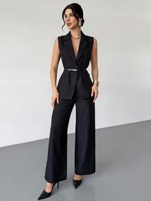SHEIN Women's Solid Color Lapel NeckVest And Pants Casual Suit Set - Black - View 6
