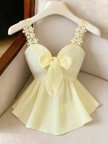 Elenzga 女士奶油黄新款纹理面料法式优雅简约性感蝴蝶结Y2K甜美设计吊带背心，适合7月4日穿着。 - 黃色 - 查看 3