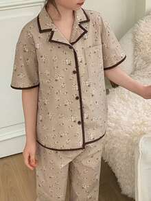 Dazy Kids Quần áo mặc nhà thoải mái cho bé gái tuổi teen mùa thu hè - Màu Khaki - Xem 4