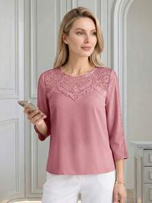 Miaspire 定制花卉领口拼接女士休闲度假衬衫，春夏母亲节礼物 - 中紫紅色 - 查看 7