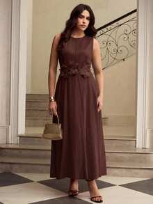ZEYLAH Spring/Summer Sleeveless Round Neck Linen Dress With 3D Floral Decor - Coffee Brown - View 4