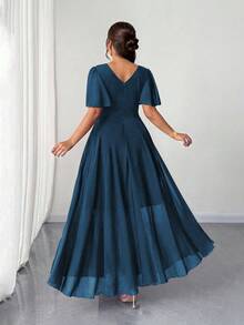 Elenzga Plus Size Women Chiffon Ruffle Sleeve V-Neck A-Line Dress, Simple Elegant Romantic Graceful Flowing Royal Blue Gown - Teal Blue - View 2