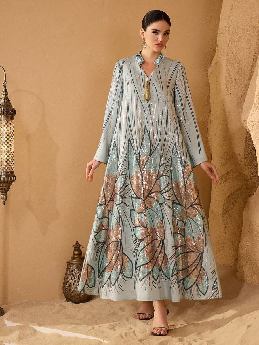 Layrah Đầm dạ hội sang trọng, thêu hoa, đính sequin, dáng rộng, thanh lịch dành cho phụ nữ. - màu xanh lá - Xem 1