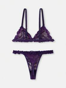 lacRébo Deep Purple Lace Lingerie Set With Ruffled Trim Triangle Bra And Matching Ruffled Thong Romantic Cute French Parisian Style  Sexy Lingerie Set - Purple - View 10