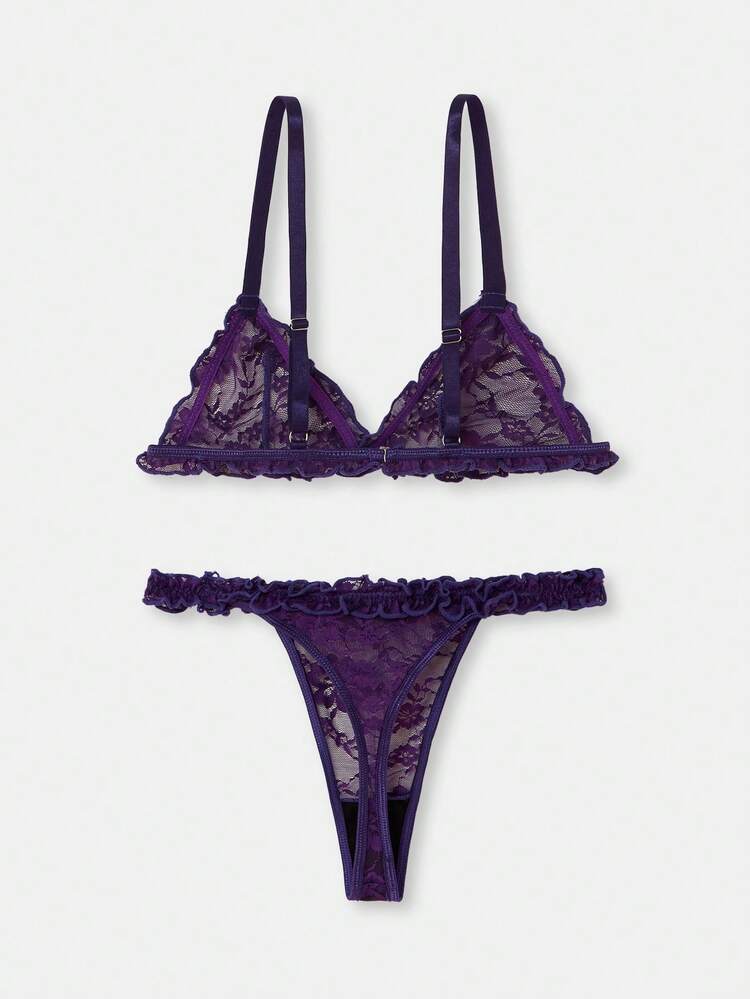 Deep Purple Lace Lingerie Set With Ruffled Trim Triangle Bra And Matching Ruffled Thong Romantic Cute French Parisian Style  Sexy Lingerie Set