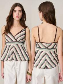 Nöista Green And White Striped,Summer,Boho,Vacation Multi-Colored Knit Camisole,Deep V-Neck Wrap Flowing A-Line Silhouette Fitted Hand-Knit Casual Tank Top - Green - View 1
