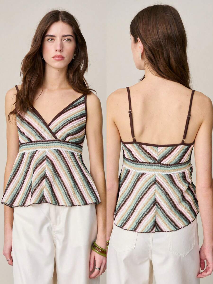 Nöista Green And White Striped,Summer,Boho,Vacation Multi-Colored Knit Camisole,Deep V-Neck Wrap Flowing A-Line Silhouette Fitted Hand-Knit Casual Tank Top - Green - View 1