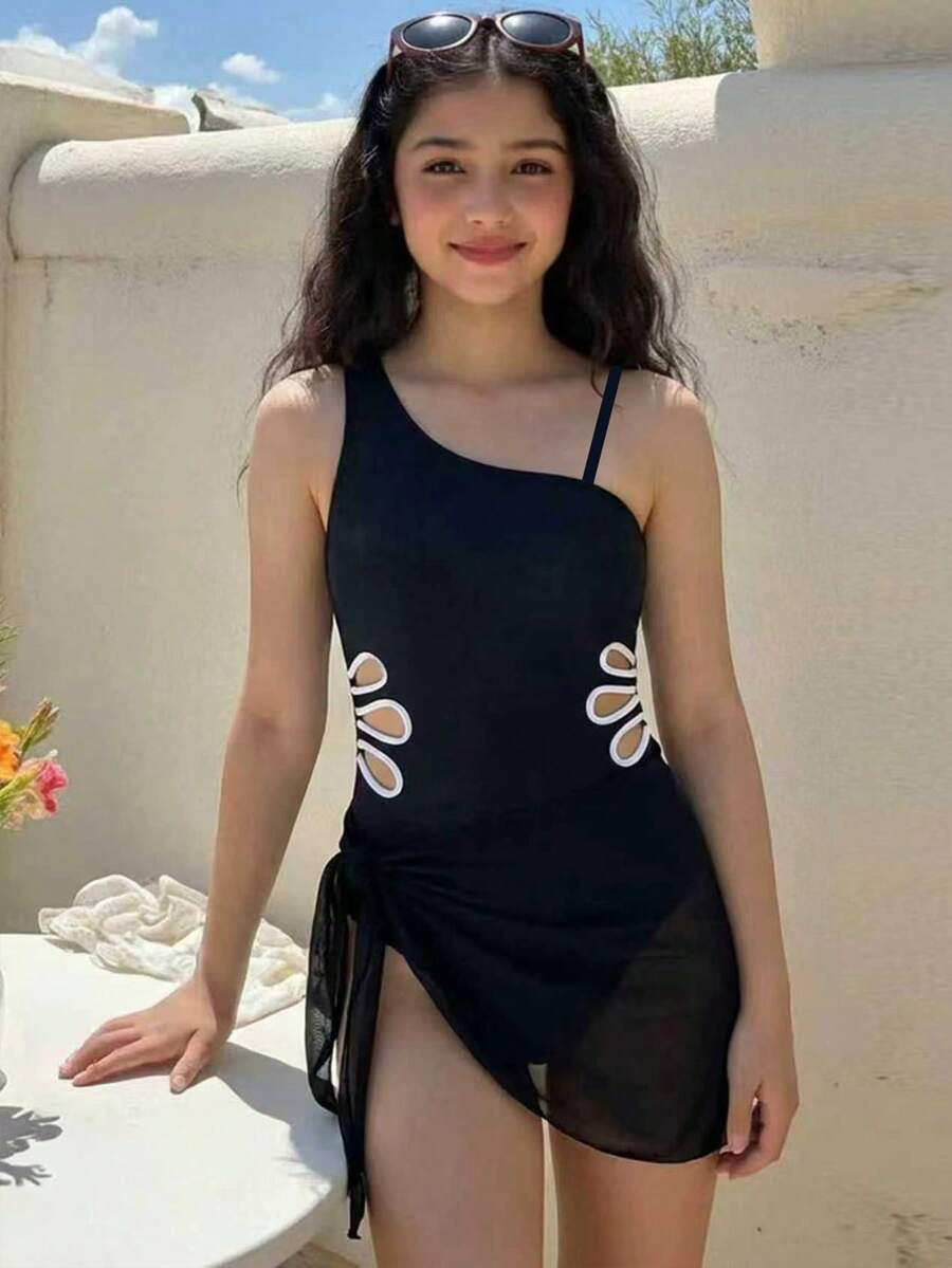 SHEIN Teen Girls One-Piece Swimsuit With Waist Hollow-Out Design & Triangular Scarf Cover-Up, Suitable For Summer Vacation & Beach - Black - View 1