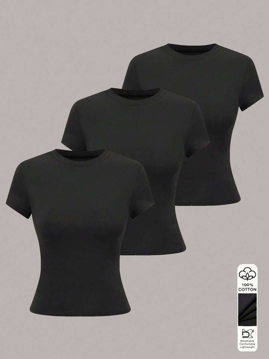 Franclia Bộ 3 áo thun nữ cổ tròn tay ngắn màu trơn, kiểu dáng thường ngày, đa năng. - Nhiều màu - Xem 1