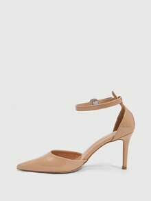 CUCCOO SZL Women Shoes Women's New Simple Fashion High Heel Color Scheme Cloth High Heel Thin Square Heel Ankle Strap Pointed Toe Hollow Low Vamp Sexy Versatile Commuter PU Material Festival Spring Summer Four Seasons Workplace Festival Dating Street Fashion Classic Sandals Elegant Women's Shoes - Apricot - View 4