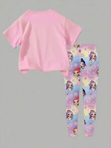 SHEIN 2pcs/Set Young Girl Casual Fashionable Creative Personalized Refreshing Minimalist Cute Virtual Girl Group Cartoon Character Colorful Star Moon Diamond Heart Gradient Print Short T-Shirt And Leggings Outfit, Comfortable Daily Wear, Suitable For Spring, Summer, Autumn - Multicolor - View 2