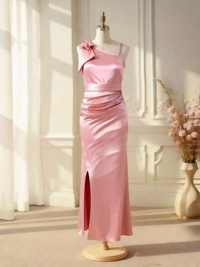 Girls' Elegant Minimalist Fashion Asymmetrical Shoulder Sleeveless One-Side High-Waist Long Split Design Solid Satin Glossy Fabric High-End Bow Decor Graduation/Prom Dress, Burgundy