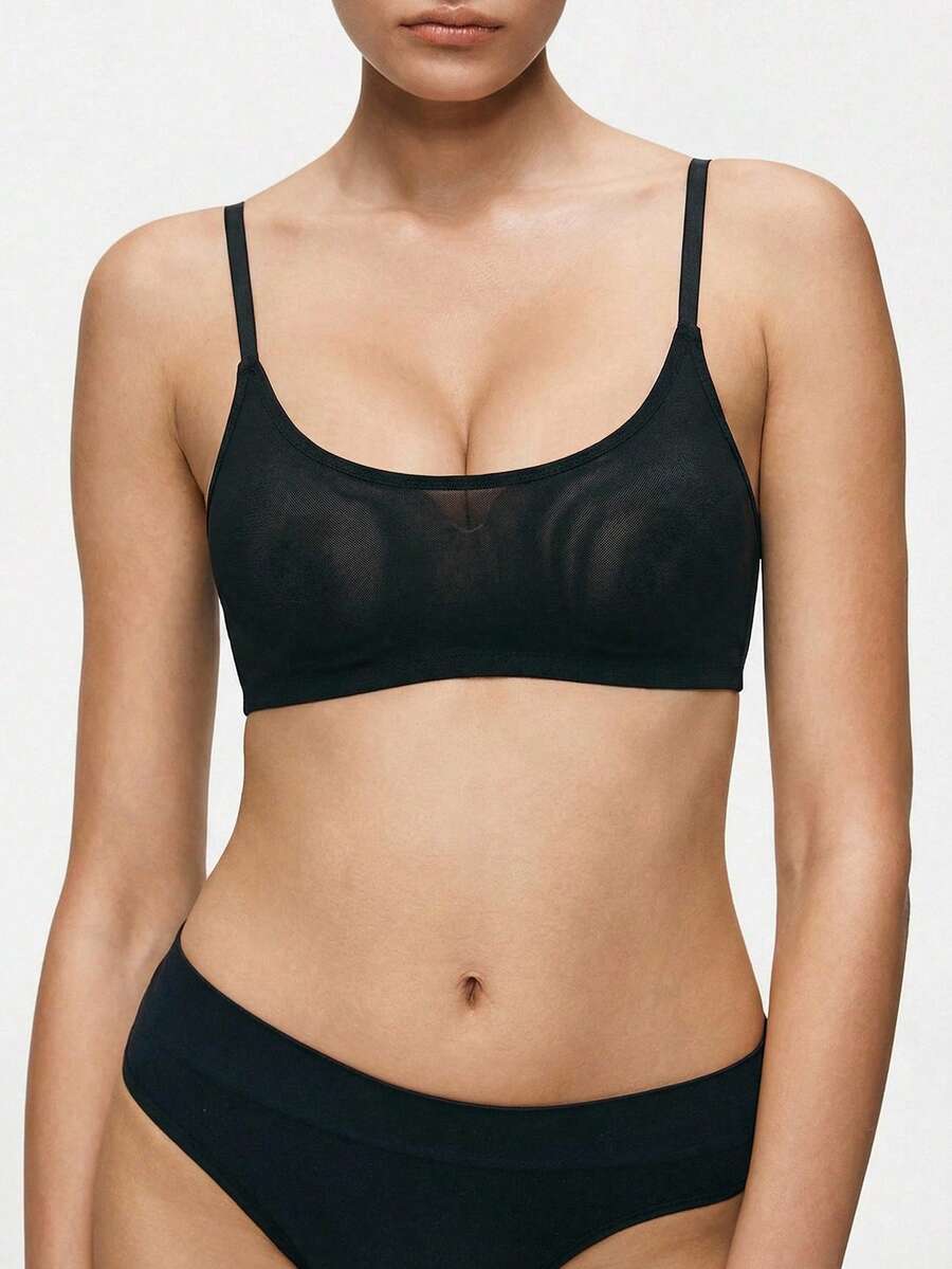 SHAPORA Spaghetti Strap Solid Color Mesh Camisole, Padless, Adjustable Shoulder Strap, Short Length, 1pc - Black - View 1