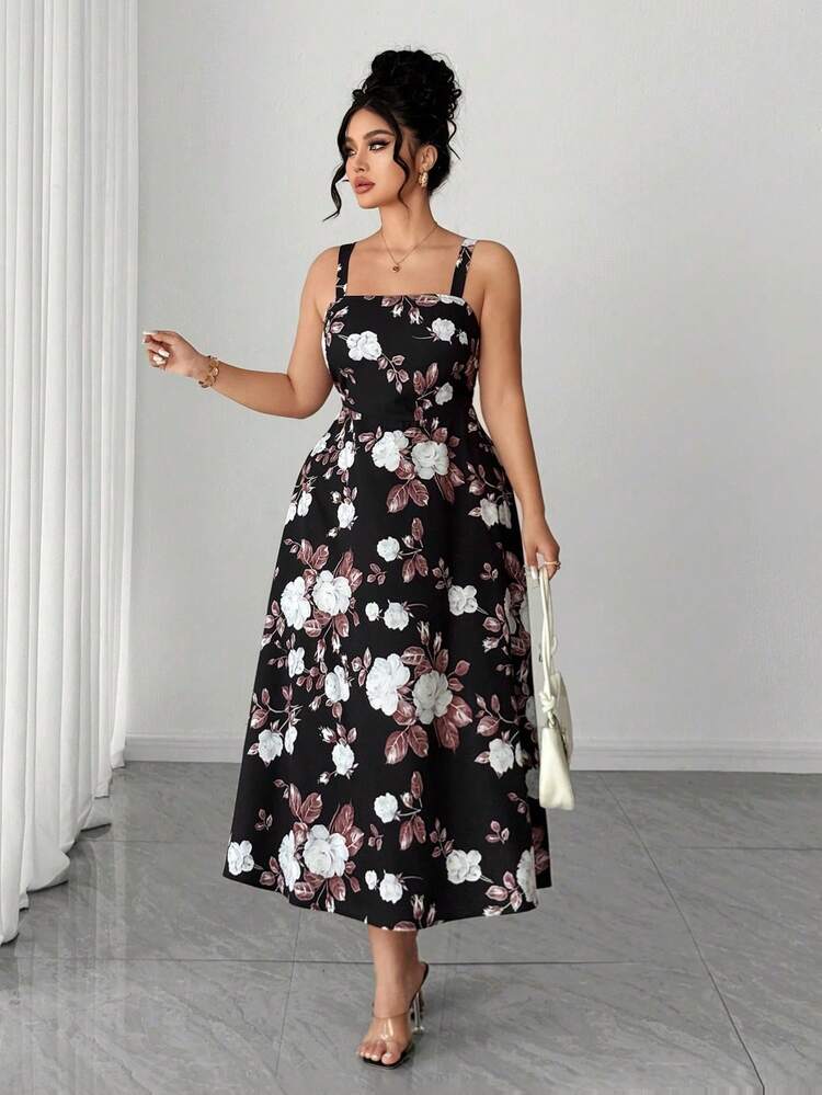 Elenzga Plus Size Floral Print Elegant Spaghetti Strap Dress - Black - View 8
