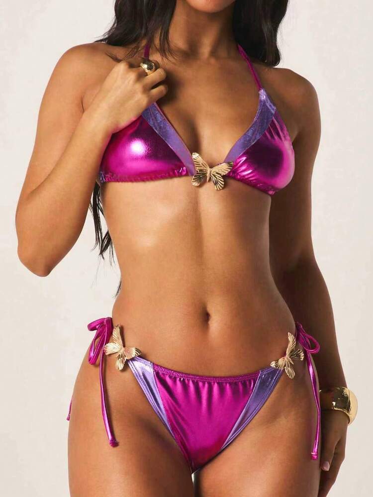 MISSGUIDED Metallic Purple Pink Halter Bikini Set With Gold Hardware Detail Two Piece Swimwear Triangle Top Side Tie Bottom Summer Beach