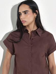 KSTM Women's Chocolate Brown Short Sleeve Button Down Collared Blouse Relaxed Fit Office Casual Spring Summer Top - Brown - View 5