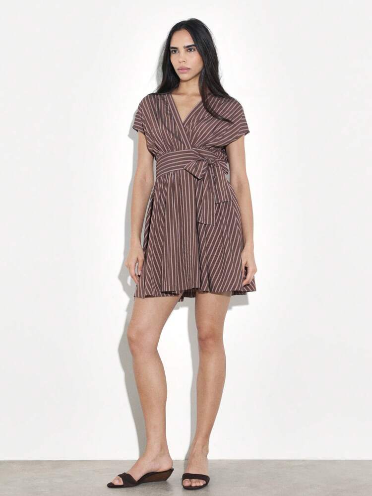 KSTM Women's Striped Wrap Mini Dress With Short Sleeves And Tie Waist Detail For Summer Casual Occasions