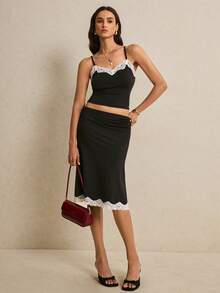 Poéselle 女士黑色撞色蕾丝吊带背心和中长吊带裙两件套 – 轻松打造约会之夜造型 蕾丝边吊带背心，黑色吊带裙套装，美观时尚，两件套搭配，缎面中长裙，约会之夜穿搭，优雅套装 优雅蕾丝拼接吊带背心和半身裙两件套 夏季穿搭 复活节海滩穿搭 婚礼毕业典礼休闲套装 女士度假穿搭 女士正装 女士Y2K工作穿搭 黑色半身裙和黑色上衣 黑色套装 - 黑色 - 查看 8